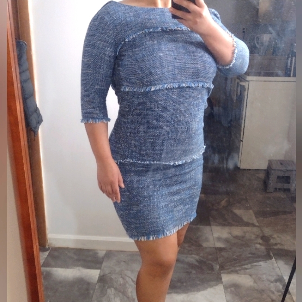 sara campbell tweed fringe midi dress